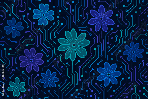 Tech-inspired floral pattern with neon flowers and circuit lines