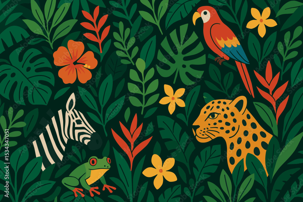 Obraz premium Colorful jungle animals among tropical leaves and flowers