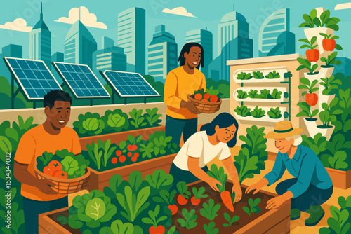 Diverse group harvesting vegetables on a solar-powered rooftop garden