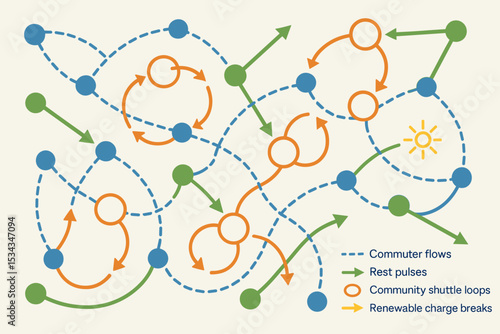 Abstract map showing commuter flows, rest points, and shuttle loops