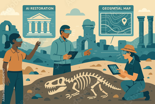 AI-powered archaeological team using geospatial maps at excavation site