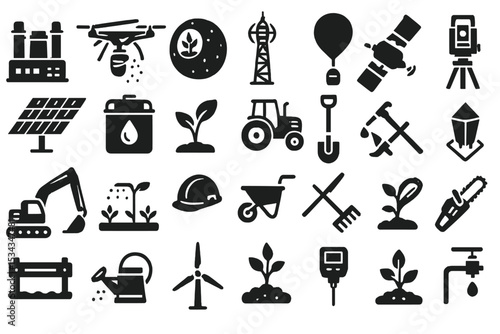 Solid black icon set for farming, renewable energy, and smart agriculture