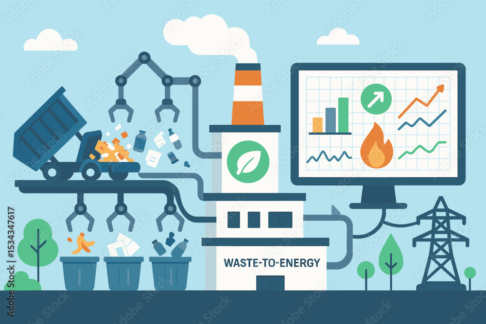 Illustration of a waste-to-energy plant with automation and data analysis Illustration of a waste-to-energy plant with automation and data analysis