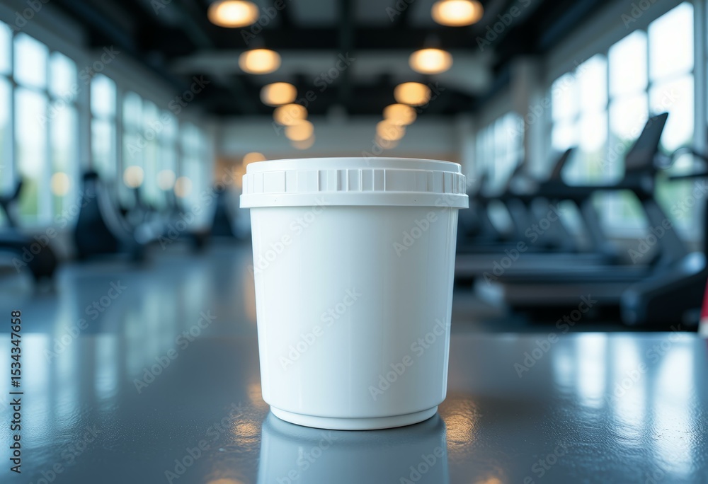 Blank White Plastic Container in Modern Gym Setting Fitness Supplement or Protein Powder Tub Blank White Plastic Container in Modern Gym Setting Fitness Supplement or Protein Powder Tub