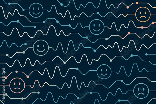 Seamless mood tracking pattern with waveform lines and happy-sad faces