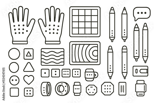 Line art icon set of tactile drawing tools, gloves, pens, and design shapes