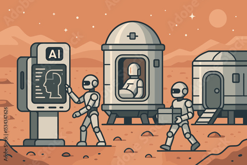 AI-assisted medical and logistics station on Mars with astronaut robots