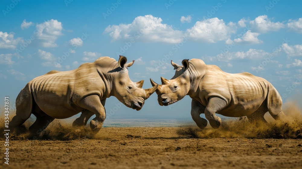 Fototapeta premium Two white rhinos clash in a dramatic standoff
