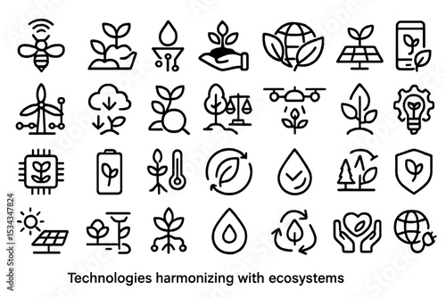 Eco-technology icon set showing smart farming, AI integration, and sustainability