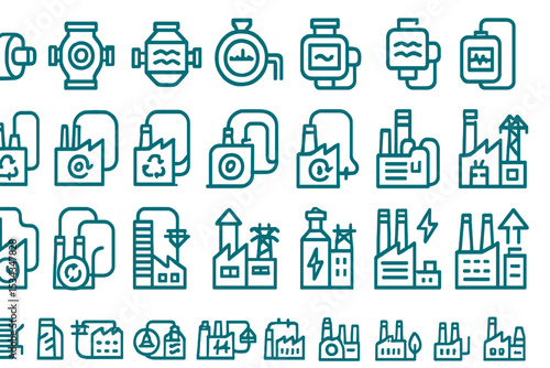 Set of smart factory icons with recycling, power, and network symbols