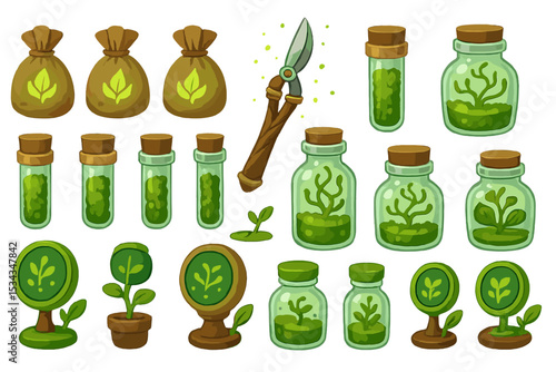 Illustration of plants, growth jars, bags, and pruning tools.