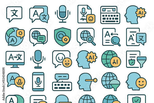 A collection of icons illustrating AI-powered communication and translation tools, including voice recognition, multilingual translation, chatbots, and AI assistants