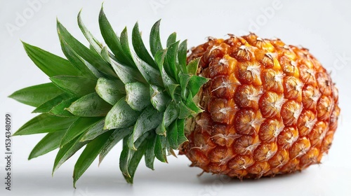 Whole ripe pineapple with lush green crown on white background, symbol of tropical vitality