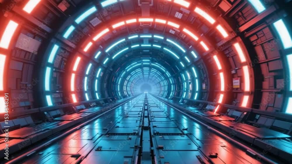 Futuristic Tunnel with Neon Lights and Reflective Floor in a Digital Space Futuristic Tunnel with Neon Lights and Reflective Floor in a Digital Space