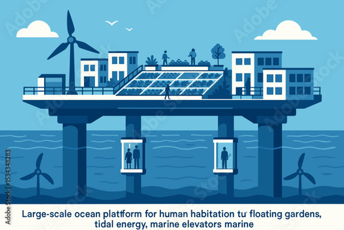 A futuristic ocean platform designed for human habitation, featuring floating gardens, tidal energy, and marine elevators, set against a blue ocean backdrop with wind turbines and green architecture.