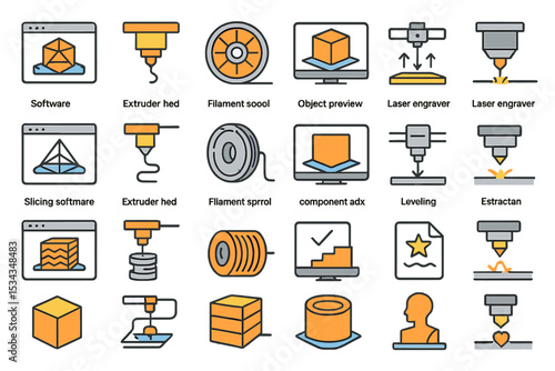 Colorful 3D printing and laser engraving icons for UI or infographics