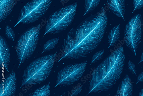 Seamless glowing feather pattern with sparkles on dark blue background
