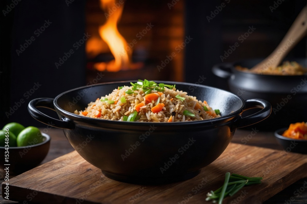 Savory Fried Rice in a Black Wok: A Warm Culinary Scene Savory Fried Rice in a Black Wok: A Warm Culinary Scene