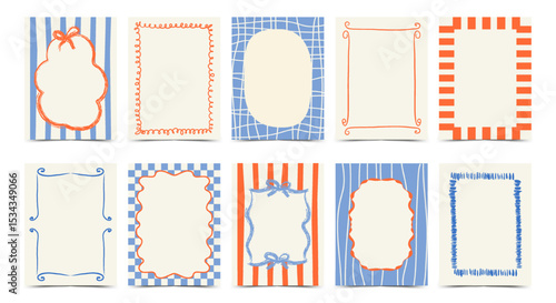 Whimsical hand drawn minimalist vintage frames. Colorful borders, postage stamp with lines, bows, ribbons. Vector template for poster, banner, birthday, invitation, card, menu.