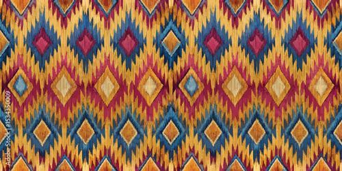 Vibrant geometric pattern with rich colors and intricate design elements.