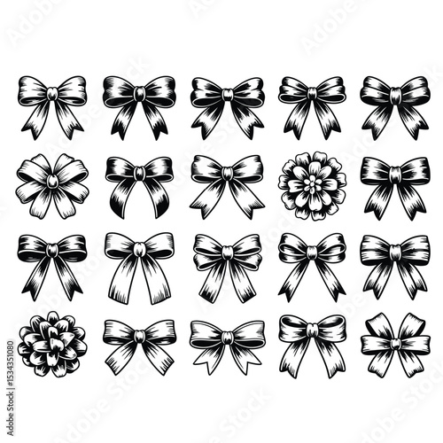 a collection of 20 vintage-style black and white gift bow illustrations with detailed shading and varied ribbon textures on white background
