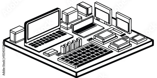 Isometric line art illustration of technology workspace with laptop monitors and digital devices
