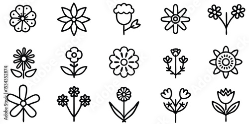 Line art flower icon collection with various floral shapes for botanical nature and garden design
