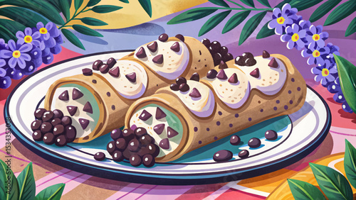 Italian cannoli pastries filled with sweet ricotta cream and topped with chocolate chips. Classic Sicilian dessert, crunchy shells and creamy center, perfect for celebrations