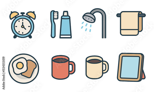 Morning routine icons set – outline, daily habits and simple activity symbols