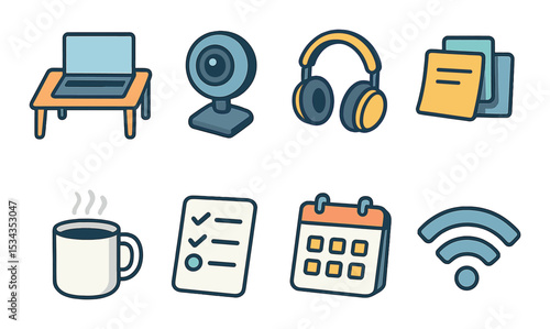 Remote work icons set – flat essentials for telecommuting and productivity