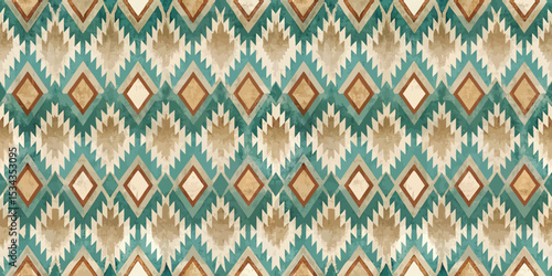 Vibrant geometric pattern featuring earthy tones and turquoise hues.