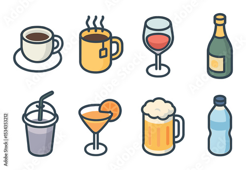 Stylish drink icons set – linear, beverage, refreshment symbols