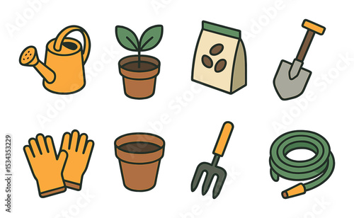 Gardening tools icons set – outline, simple and minimal horticulture symbols