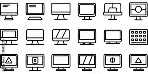 Line art illustration of monitor and computer screen icons for display user interface and digital technology
