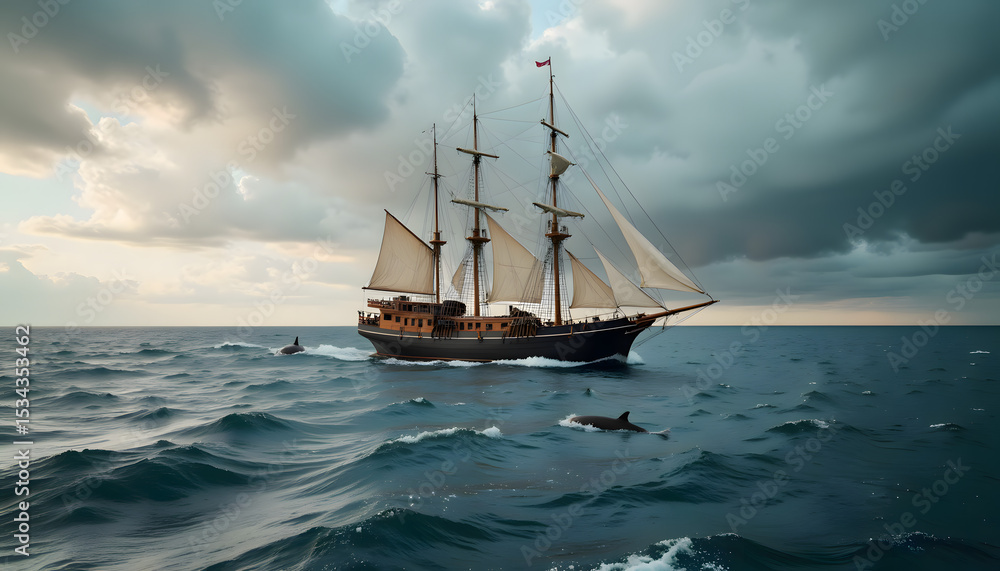 Obraz premium Traditional sailboat navigating through waves under cloudy skies 
