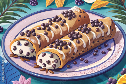 Italian cannoli pastries filled with sweet ricotta cream and topped with chocolate chips. Classic Sicilian dessert, crunchy shells and creamy center, perfect for celebrations