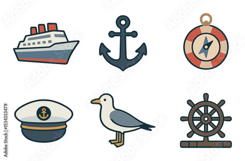 Sea travel icons set – simple, maritime and nautical voyage symbols in silhouette style