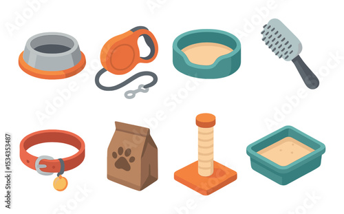 Pet care essentials icons set – 3d, animal and grooming symbols