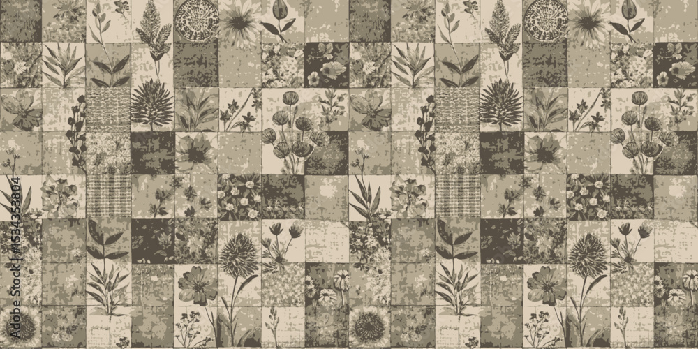 Elegant vintage floral patchwork design in muted earth tones.