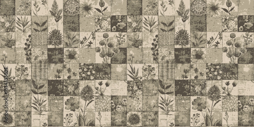 Elegant vintage floral patchwork design in muted earth tones.