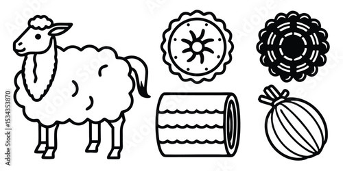 Line art illustration of sheep with wool yarn balls and decorative elements for textile and farming concepts
