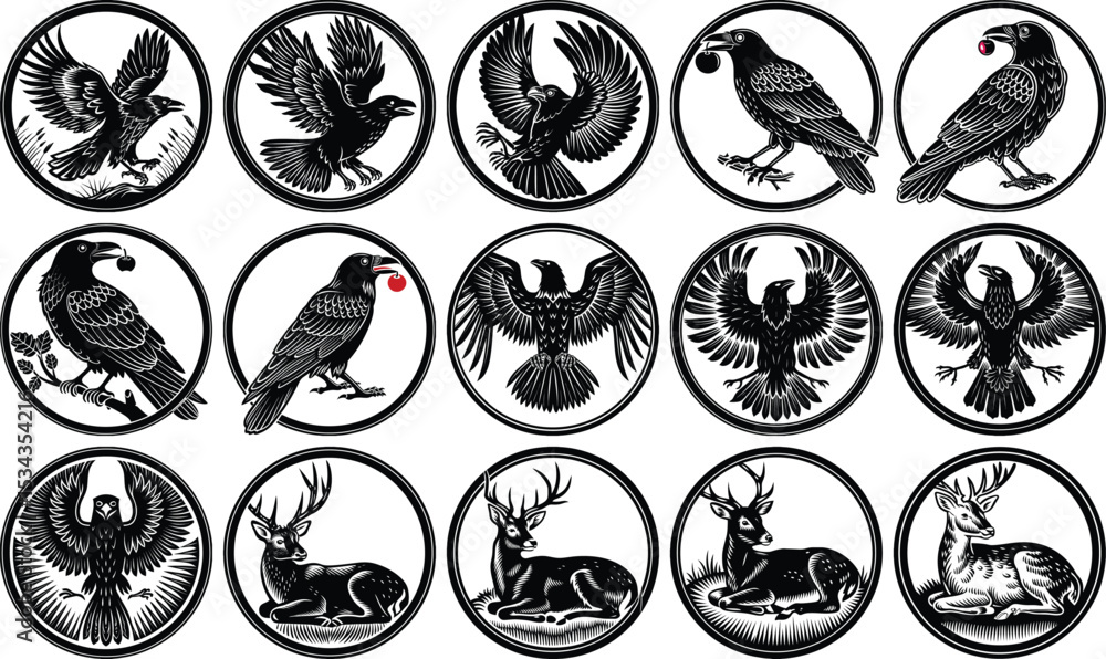 Obraz premium Collection of Exquisite Black and White Animal Illustrations in Oval Frames
