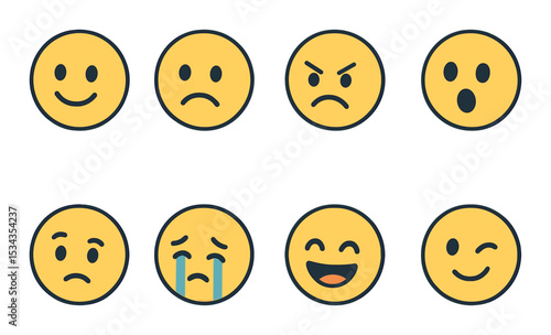 Colorful emoji expressions icons set – flat, simple and emotive smiley symbols