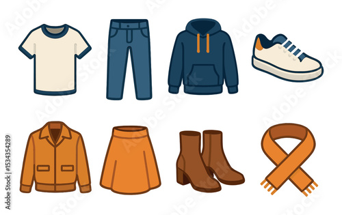 Clothing essentials icons set – outline, fashion and apparel symbol collection