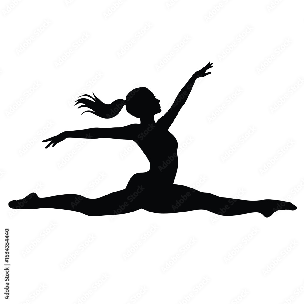 Fototapeta premium a dynamic solid black silhouette of a female dancer mid-leap capturing energy and graceful motion on white background