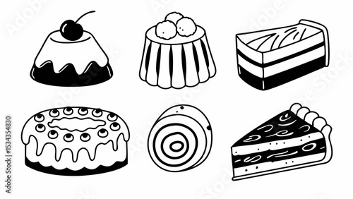 Delicious bakery sweets set including cakes, cupcakes, and pastries with fruit and chocolate illustrations perfect for birthdays and celebrations