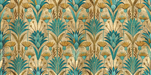 Exquisite floral pattern featuring vibrant teal and golden hues on a textured background.