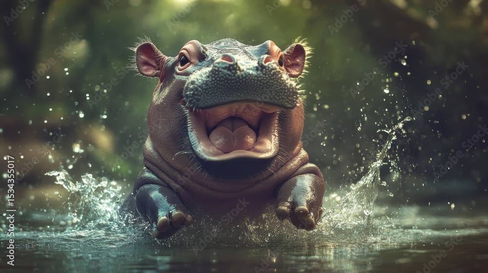Fototapeta premium Playful hippopotamus emerging from water, splashing.