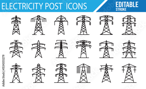 High-Detail Icons for Electricity Posts, Power Towers, and Energy Grids