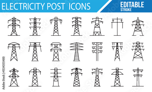 Collection of High Voltage Transmission Tower and Power Post Icons

